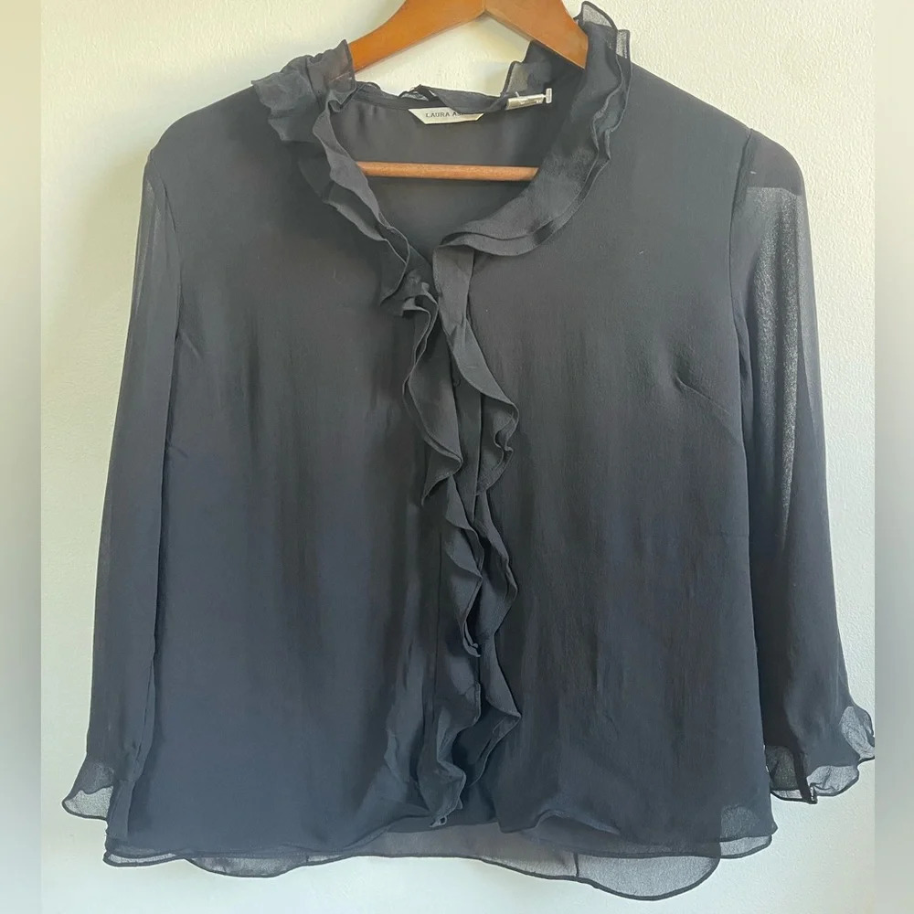 Laura Ashley Long Sleeve Silk Blouse, Black, Size 10